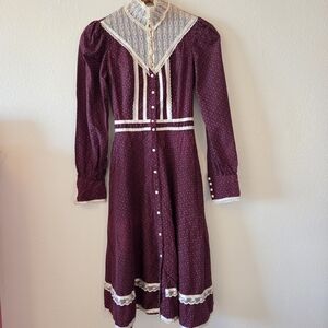 Vintage Gunne Sax Burgundy Long Sleeve Dress with Lace